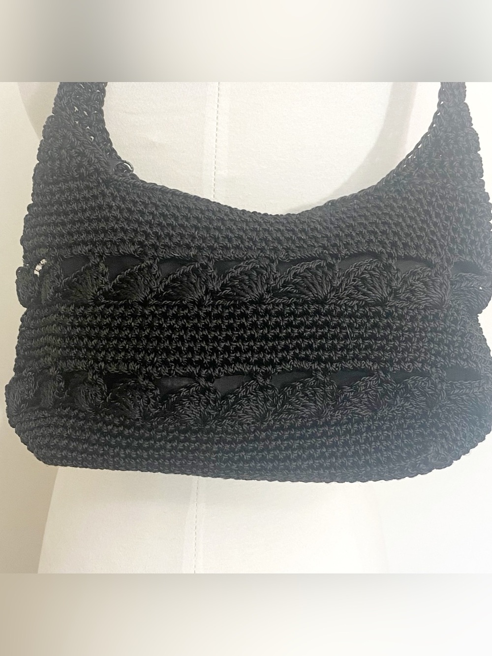 Crochet boho feminine lined shoulder bag purse,interior pocket, black 6” x 9”